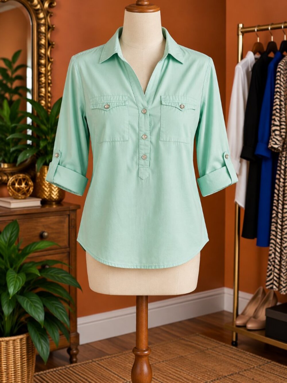 New York & Company Mint Green Button-Front Roll-Tab Tunic